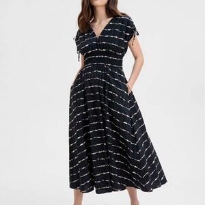 INC International Concepts Black Ikat Stripe Smocked Midi Dress XL Cotton Poplin